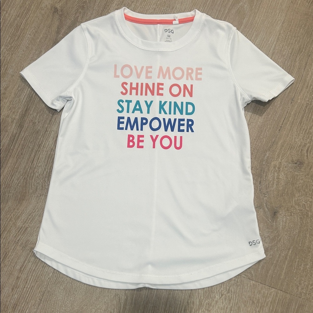 DSG White Tee with Multicolor Inspirational Text - Pink, Coral & Blue